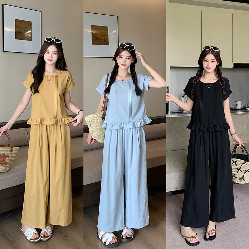 茶粒籽~2025夏装新款胖mm大码女甜美飞飞袖木耳边短袖阔腿裤套装