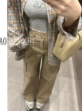 MIAOSHENGCHI定制高个子170卡其直筒工装裤女春夏加长口袋休闲裤