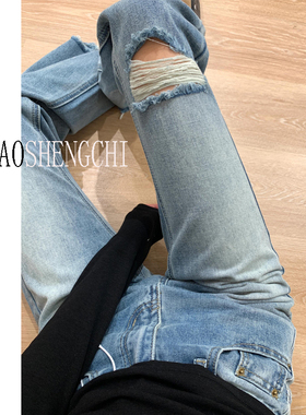 MIAOSHENGCHI美式高个子毛边微喇牛仔裤女夏季加长乞丐破洞喇叭裤