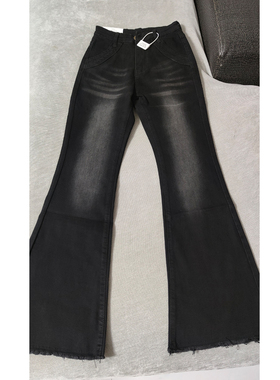 MIAOSHENGCHI定制高个子175加长版牛仔裤女春夏季黑色毛边喇叭裤