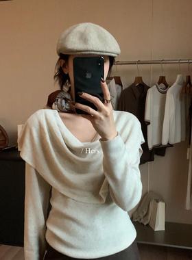 Hers一勺甜简约日常通勤气质长袖针织衫+荡领披肩两件套装女92252