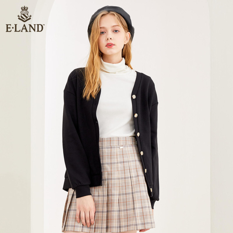 ELAND2020秋季新款韩版V领落肩开衫式宽松卫衣女EEMTA8801I