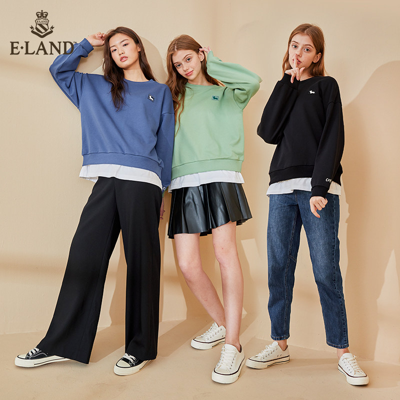 ELAND2020秋季新款韩版宽松圆领拼接纯色卫衣女EEMTA8903I