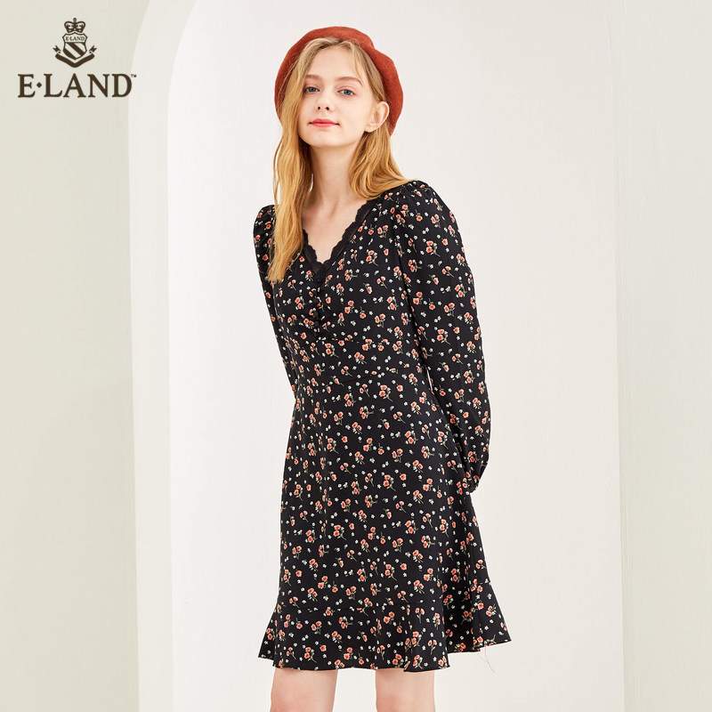 ELAND2020气质显瘦碎花蕾丝V领短款长袖连衣裙EEOWA8802I