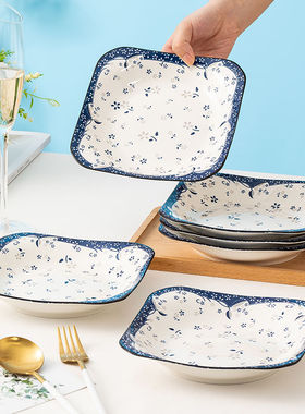 日式家用陶瓷方盘2022新款菜盘个性盘子蓝色故乡早餐盘深盘饭盘