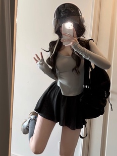 荔枝爱睡觉夏季辣妹修身长袖芭蕾少女纯欲风不规则下摆棉质伞裙