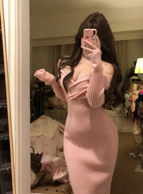 荔桃想睡觉ya |韩剧温柔女主~粉色针织一字肩包臀长裙收腰连衣裙