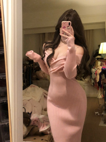 荔桃想睡觉ya |韩剧温柔女主~粉色针织一字肩包臀长裙收腰连衣裙