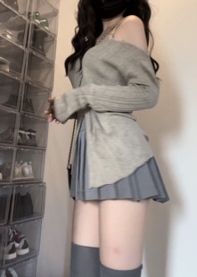 荔枝爱睡觉原蜜桃睡不着纯欲风一字肩长袖针织收腰显瘦辣妹上衣