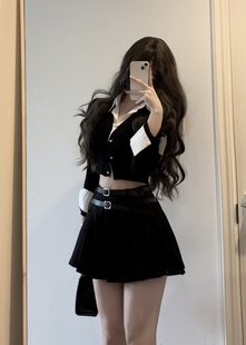 荔枝爱睡觉原蜜桃睡不着欧美辣妹学院风高腰双腰带防走光百褶裙