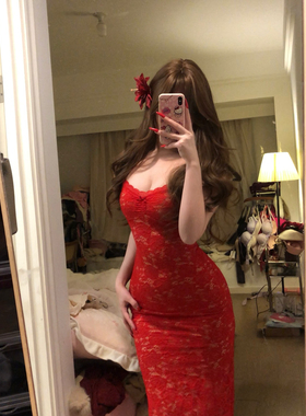 荔桃私服~红色妖姬！！蕾丝吊带连衣裙女夏季性感修身显瘦包臀裙