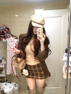 女秋冬慵懒风毛衣外套半裙 咖调针织开衫 荔桃想睡觉ya 复古伦敦