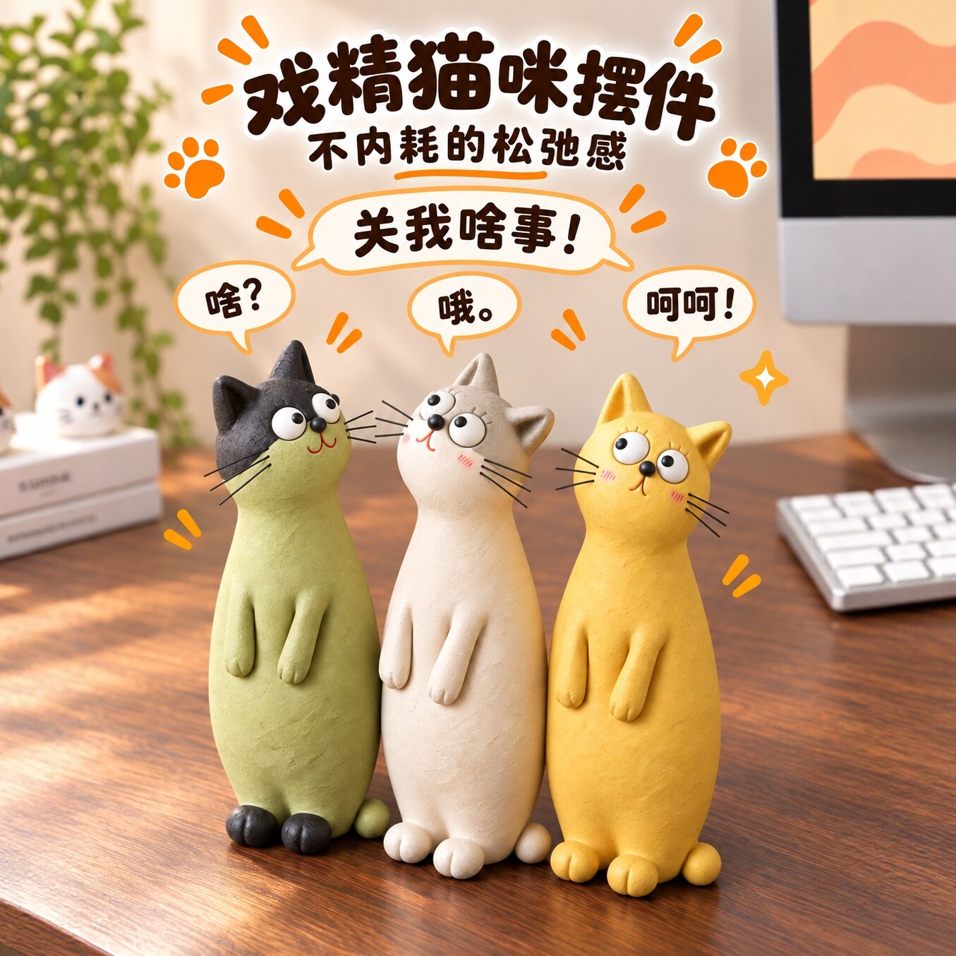 中古风可爱三只猫咪摆件办公桌面情绪稳定高级感小众艺术生日礼物