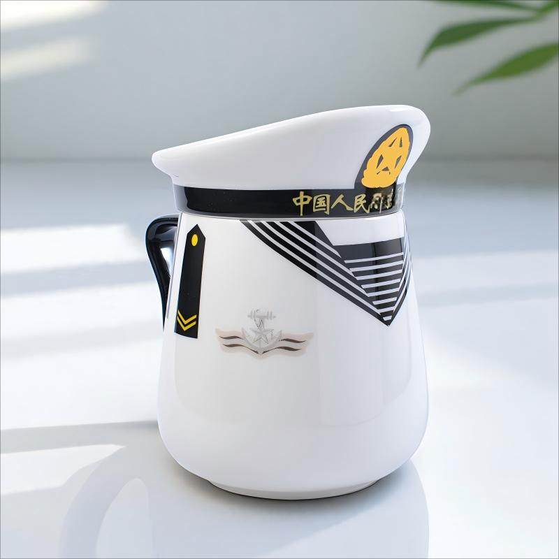水兵纪念水杯创意海军手柄陶瓷马克杯大檐帽办公室礼品杯带盖定制