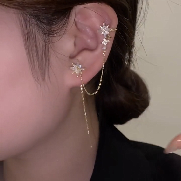 Tiktoks same micro inlaid zircon star ear line integrated ear clip bone female light luxury personalized creative fashion earrings trend