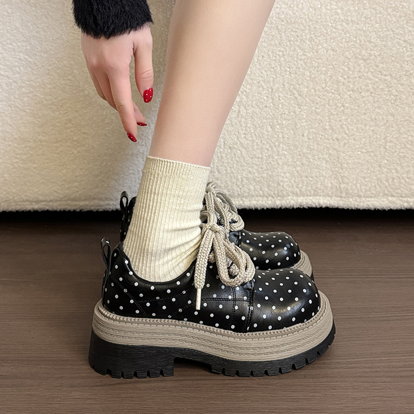 学院风黑色波点德比鞋女厚底系带乐福鞋休闲增高皮鞋jk配裙子单鞋,女鞋,乐福鞋（豆豆鞋）,淘宝优惠券,粉丝福利购,淘宝优惠卷
