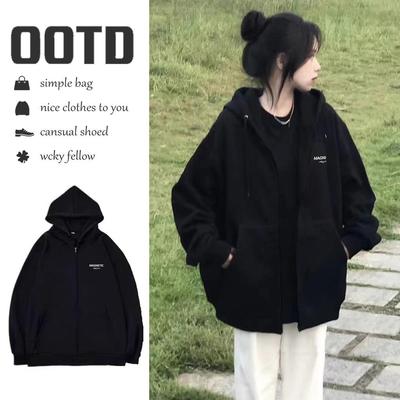 早秋季黑色学生卫衣外套女春秋初中生新款秋冬韩系连帽上衣服