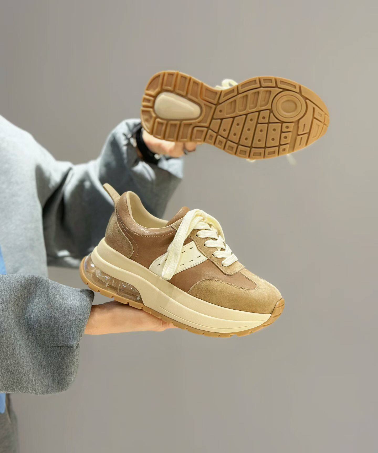 2026年春新款厚底老爹鞋女真皮系带运动气垫休闲鞋软底舒适增高鞋