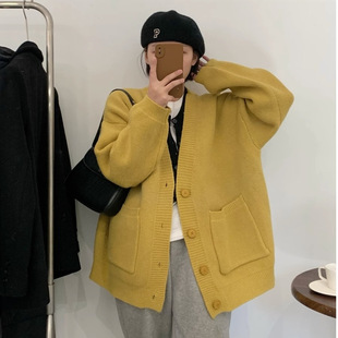 韩系纯色双口袋毛衣开衫 宽松软糯慵懒休闲百搭针织外套上衣 女秋季