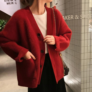 慵懒风V领毛衣外套女秋冬2024新款 上衣 休闲宽松软糯外穿针织开衫