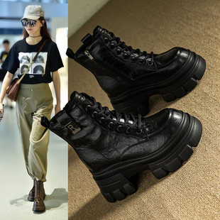 松糕9cm马丁靴女小个子厚底2025秋冬新款 潮高跟内增高短靴女靴子