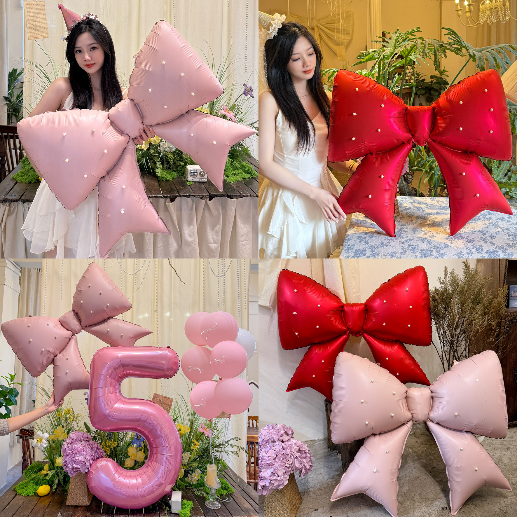 粉色珍珠蝴蝶结数字气球周岁装饰道具儿童生日拍照场景派对布置