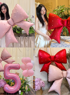 粉色珍珠蝴蝶结数字气球周岁装饰道具儿童生日拍照场景派对布置