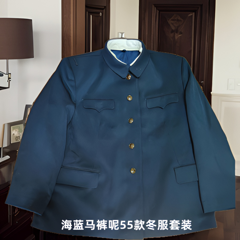 藏青马裤呢胶木扣中山装