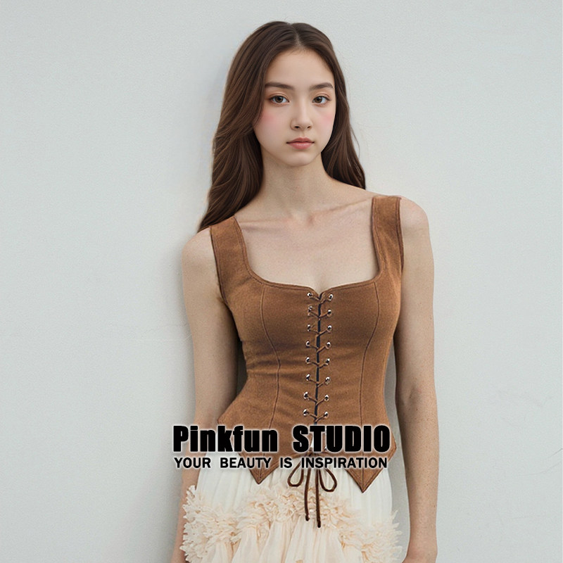 Pinkfun麂皮绒鱼骨胸衣复古上衣朋克海盗背心吊带话剧舞台演出服