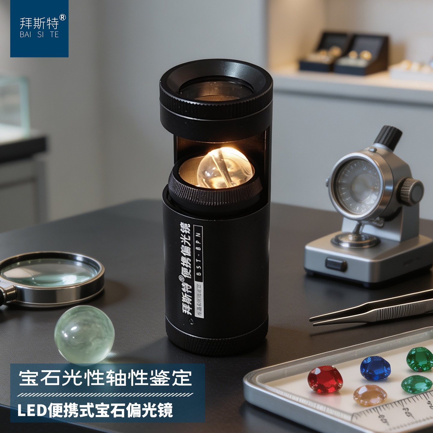 拜斯特偏光镜便携式黄光源带灯琥珀蜜蜡碧玺水晶玉石珠宝鉴定工具