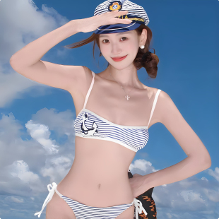 新款 复古海军风性感泳衣条纹吊带背心女夏辣妹比基尼度假纯欲温泉