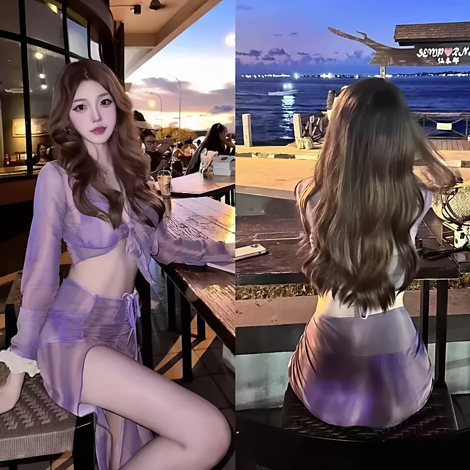 新款紫色比基尼泳衣女分体四件套长裙性感欧美修身显瘦泡温泉度假