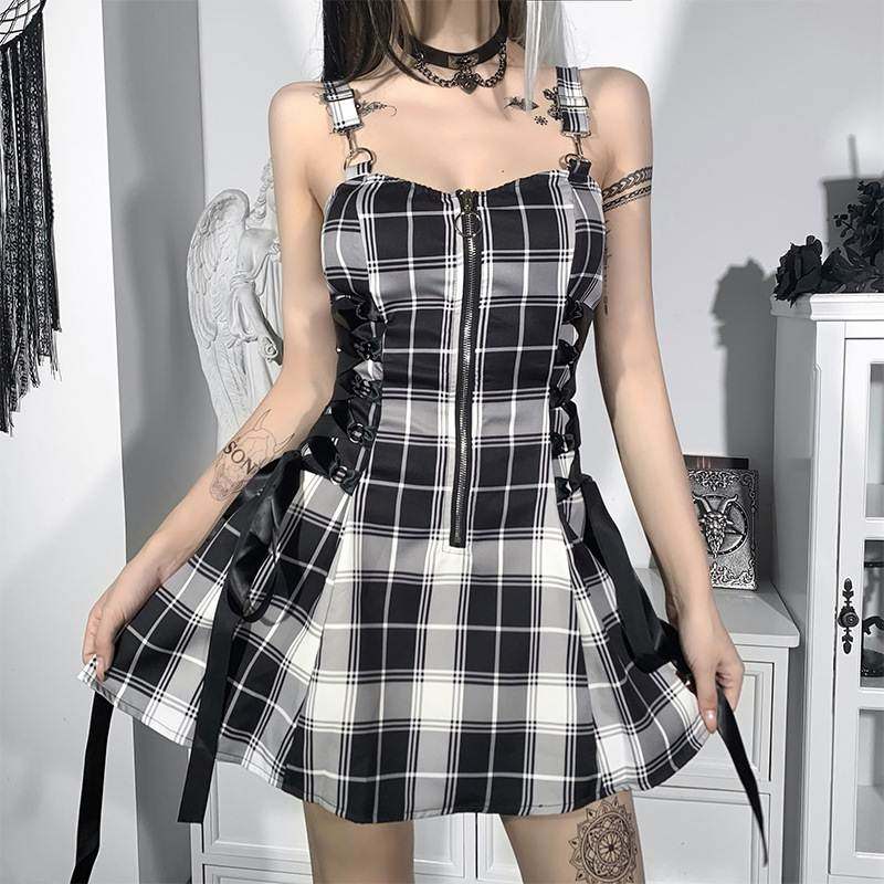 Slim Fit Plaid Stripe Zipper Dress 显瘦格子条纹拉链感连衣裙