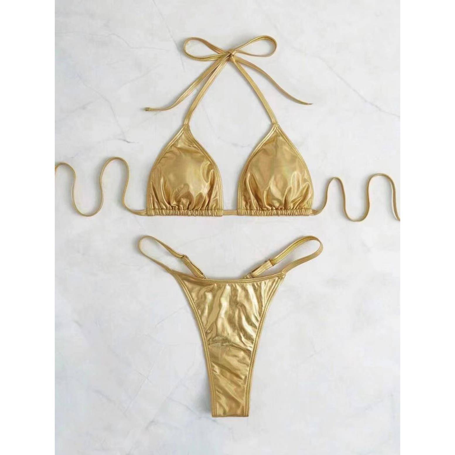 亮面金色性感丁字裤比基尼欧美三点式分体泳衣酒吧演出服bikini