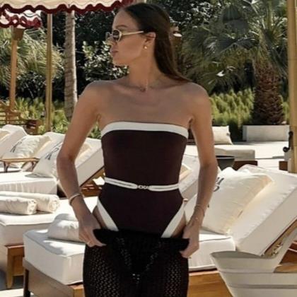 抹胸拼色连身泳衣欧美ins高叉一体式比基尼高级感辣妹泳装bikini