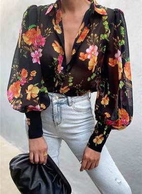 Puff Sleeve Shirts Blouse Women Leopard Buttons Vintage 2xl