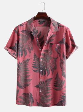 2023欧美男士休闲宽松沙滩装枫叶子印花短袖衬衫衬衣Men's Shirts