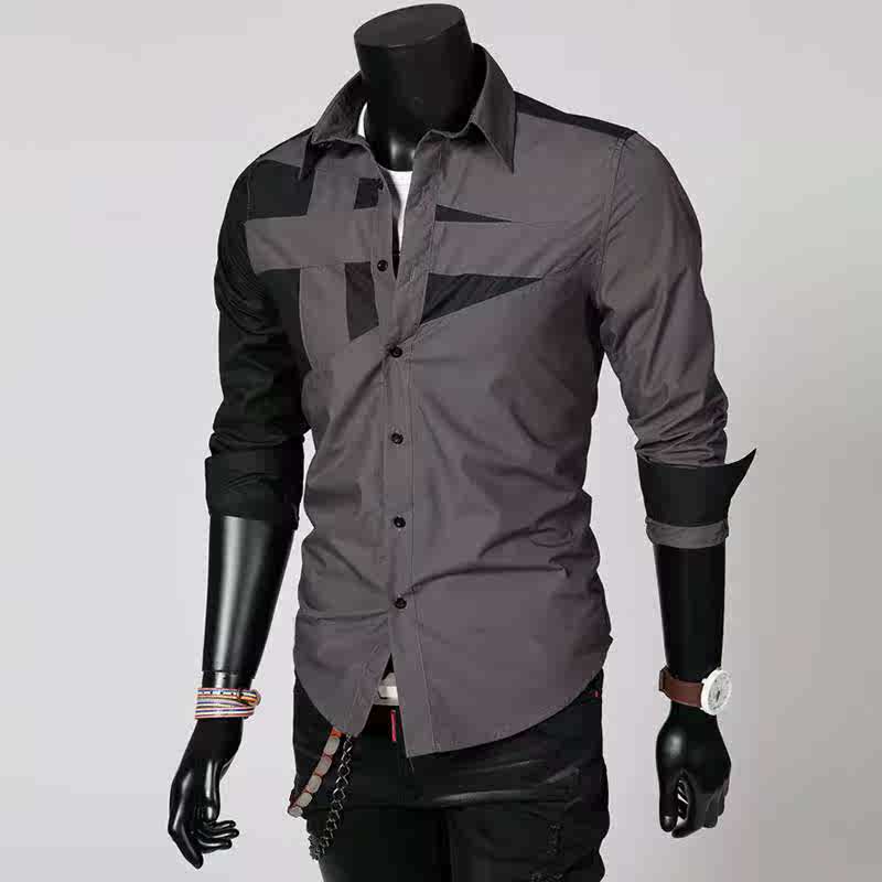 韩式风撞色长袖衬衫潮流修身男款衬衣黑色men s casual shirt top