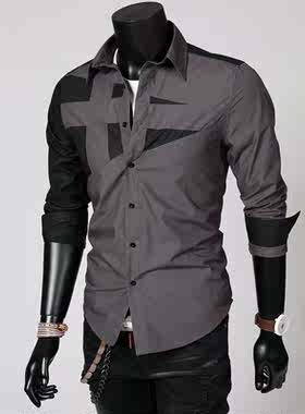 韩式风撞色长袖衬衫潮流修身男款衬衣黑色men s casual shirt top
