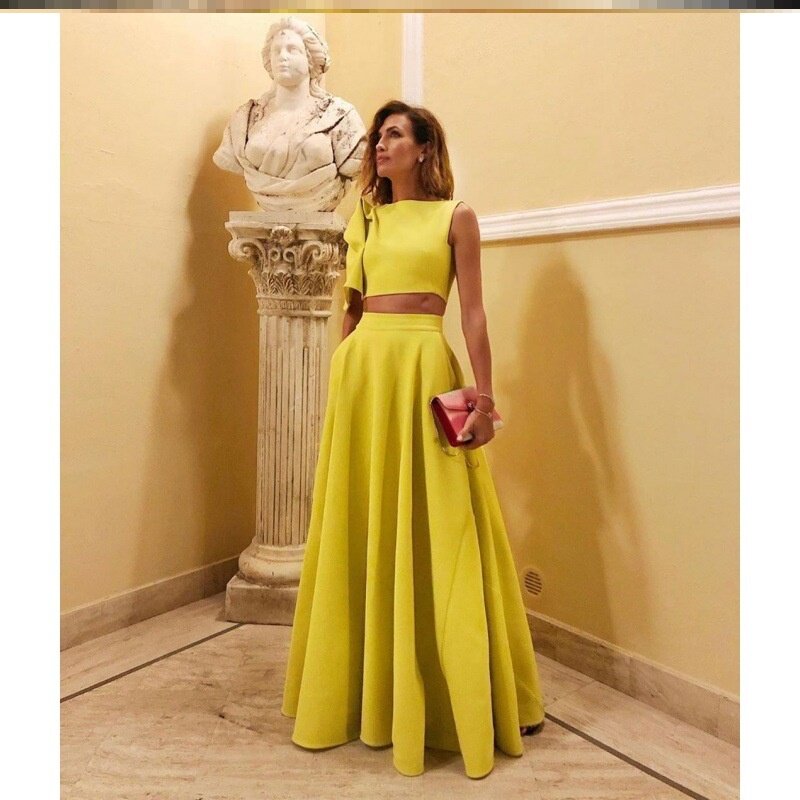 Two piece yellow dress suit 单肩袖大摆拖地纯色气质两件套装裙