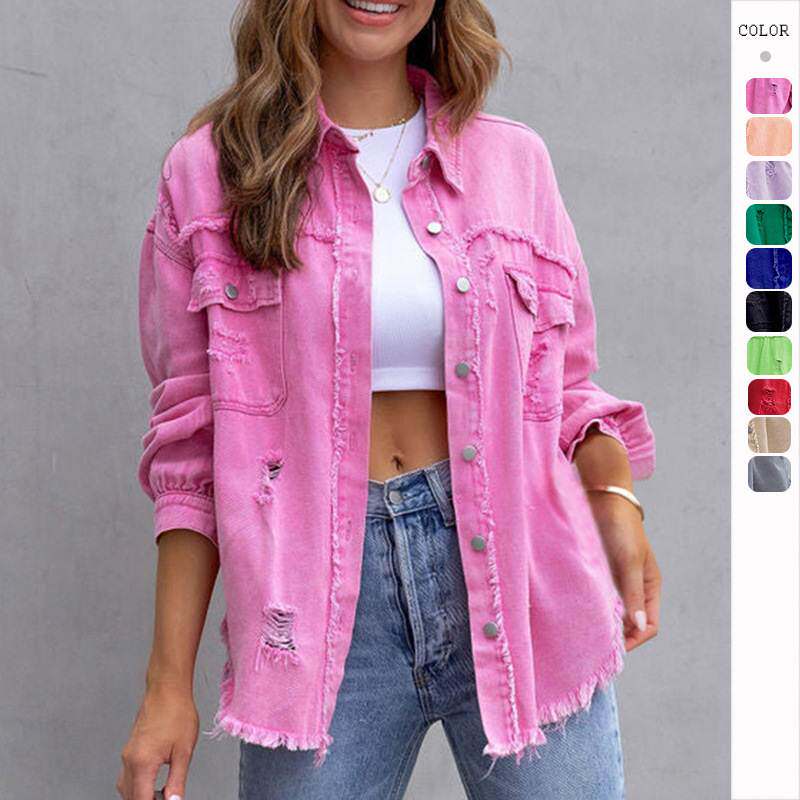 Denim jacket with ripped rawedge时髦毛边破洞牛仔外套翻领夹克