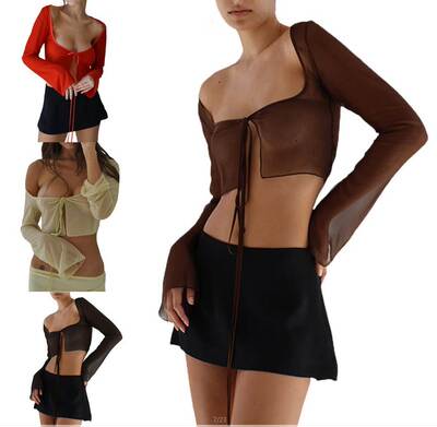 Vintage Aesthetic Crop Top Summer Women Mesh T Shirt Lace Up