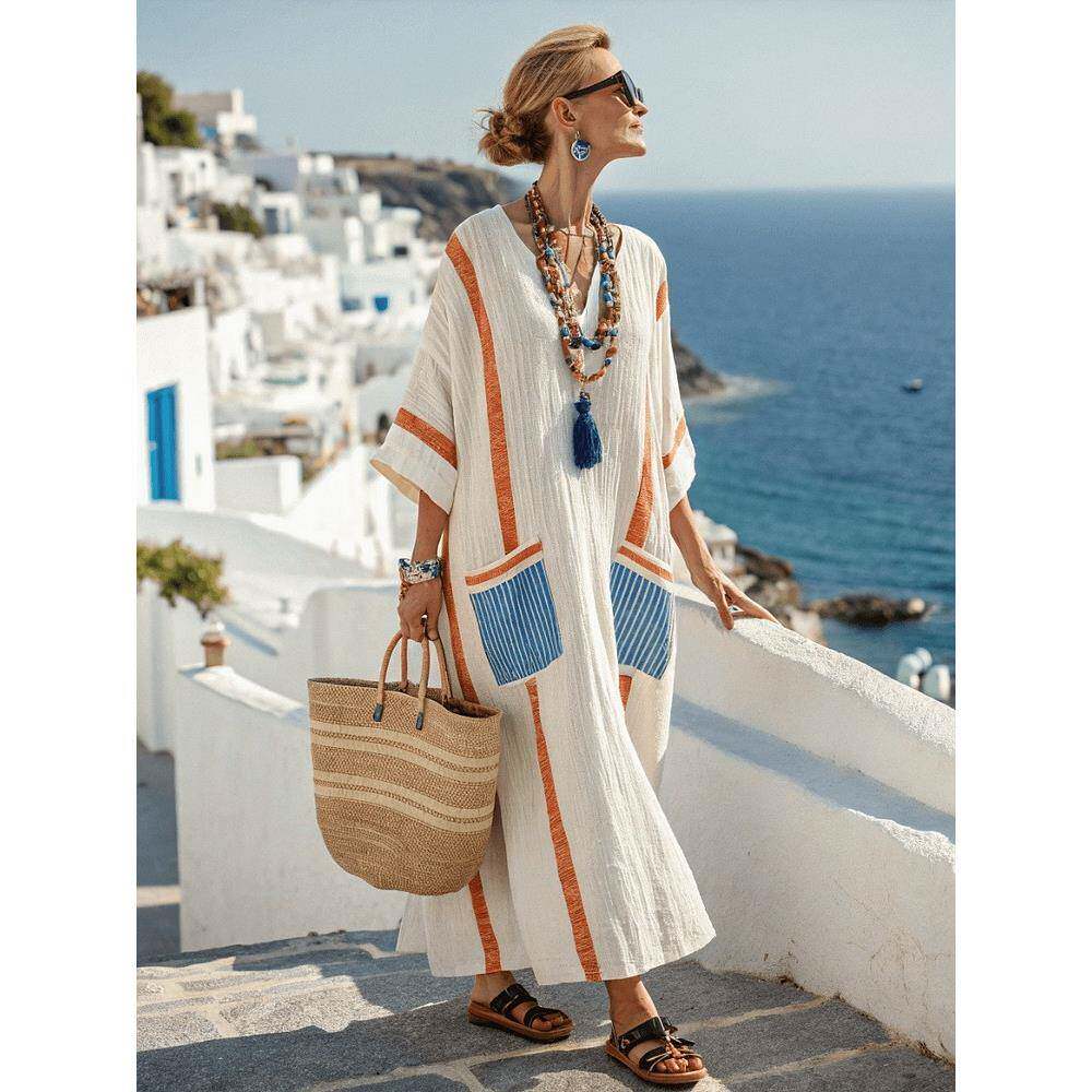 2025欧美爆款女装夏季优雅大码印花长款宽松大摆民族风口袋连衣裙