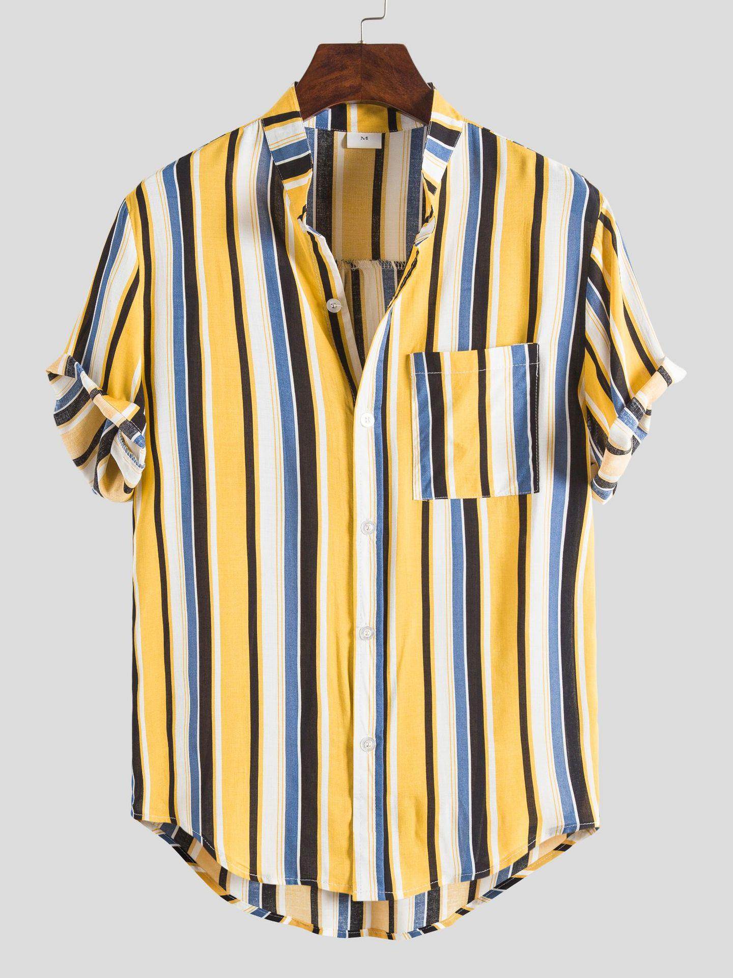 外贸男装2023欧美男士短袖衬衫条纹印花大码立领衬衣潮Men Shirts
