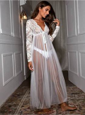 Summer Women Sexy See-through Night Dress Lace Stitching She