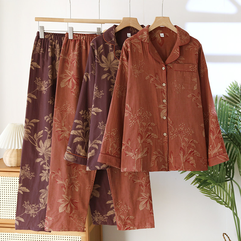 薄款女夏装色织双层家居服家居服睡衣老人家居服套装大码长袖长裤