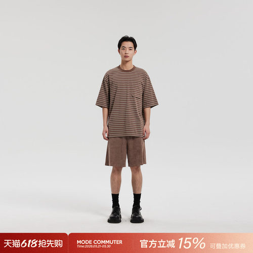 MODE COMMUTER| MC夹色纯棉针织休闲错位口袋横条纹圆领纯棉T恤