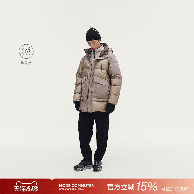MODE COMMUTER | MC透视防泼水暗格纹复合梭织透气连帽长款羽绒服