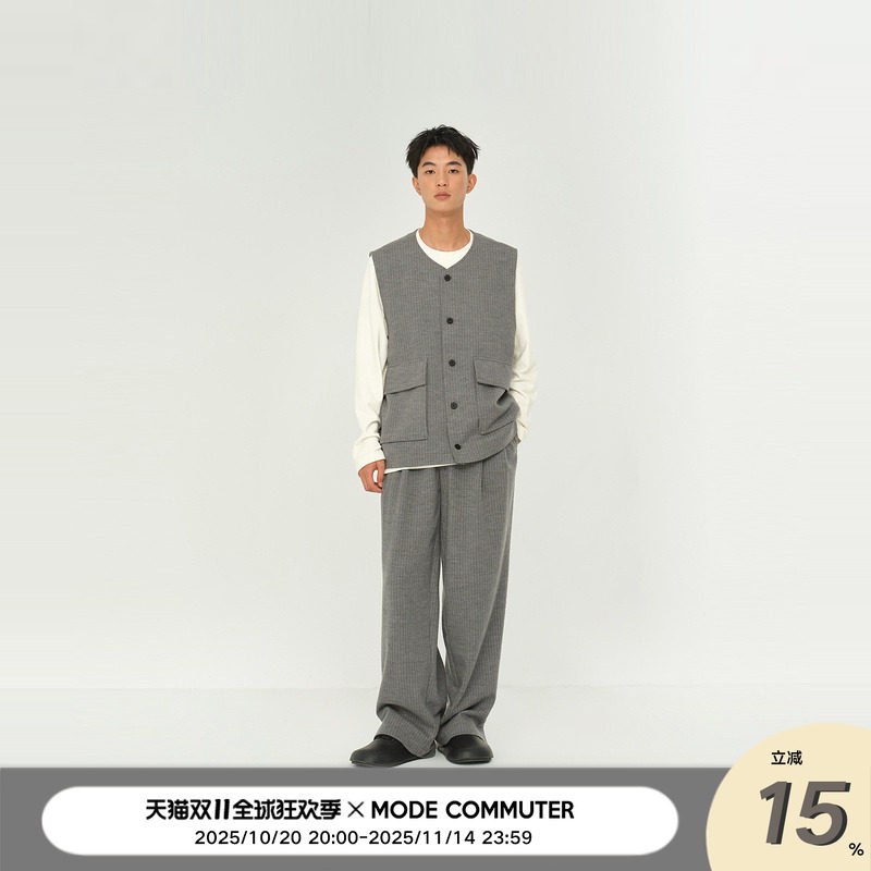 MODE COMMUTER | MC绵羊毛混纺干爽半橡筋腰直插袋阔腿型梭织长裤