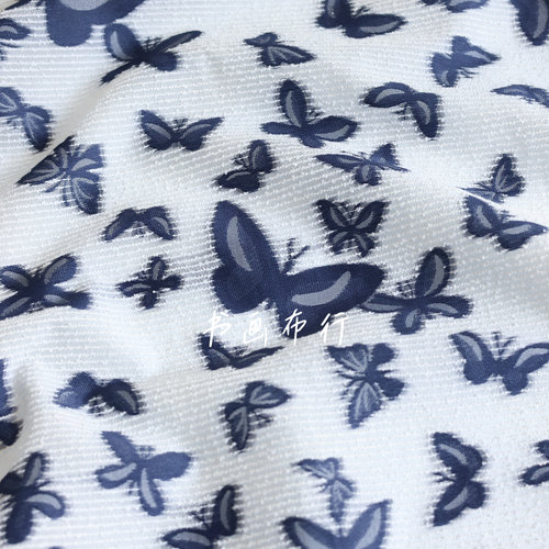 骨架感 白色半透藏青色小蝴蝶刺绣欧根纱时装面料 伞裙连衣裙布料